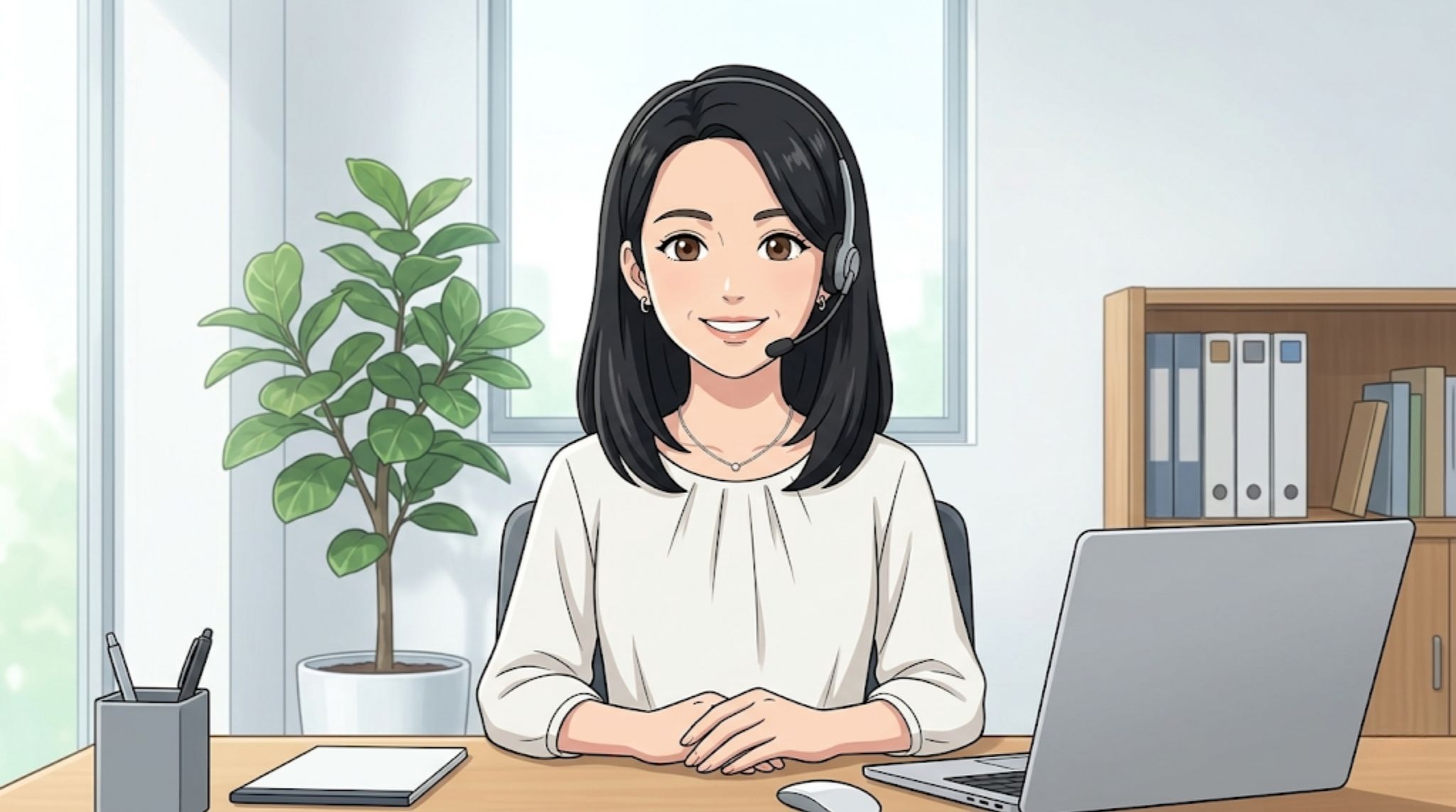 笑顔でお問い合わせに対応するセルフホワイトニングガイドの女性スタッフのイラスト