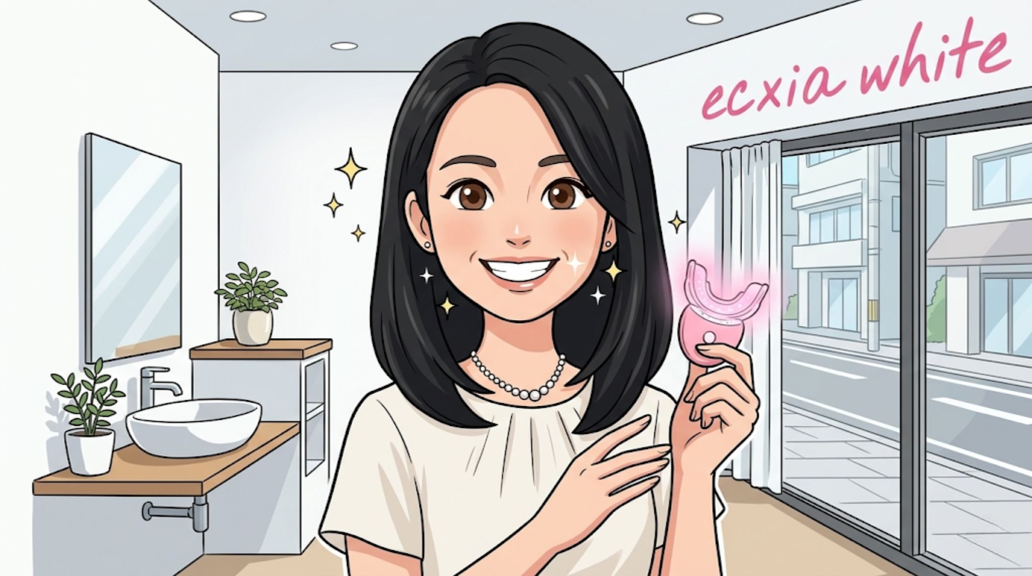 エクシアホワイト（ecxia white）の口コミ・評判を検証。自宅でLED照射器を使用し、清潔感のある洗面所で笑顔を見せる女性のイラスト。