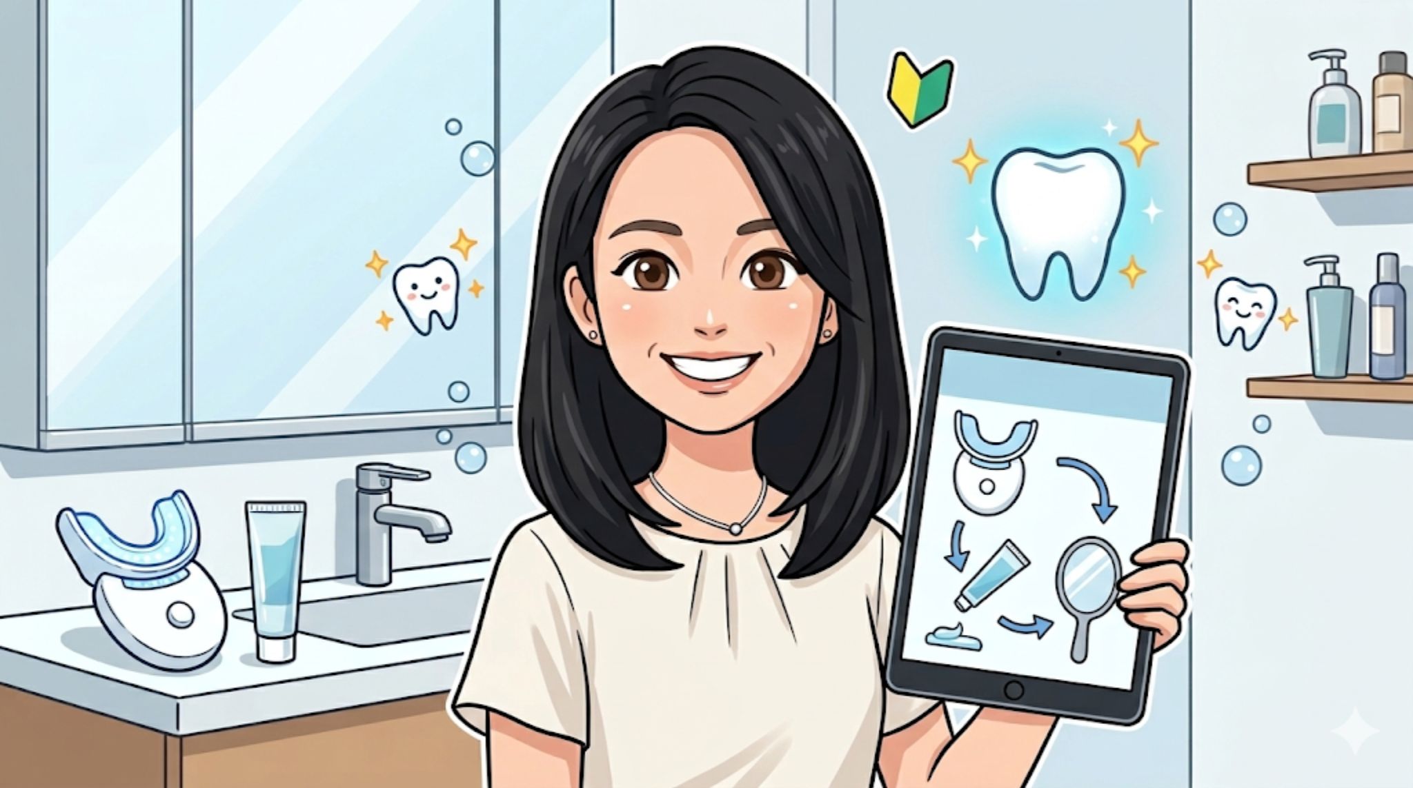 「セルフホワイトニングの初心者ガイド」を解説するアイキャッチ画像。タブレットで手順を確認しながら自宅でホワイトニングの準備をする女性のイラスト。