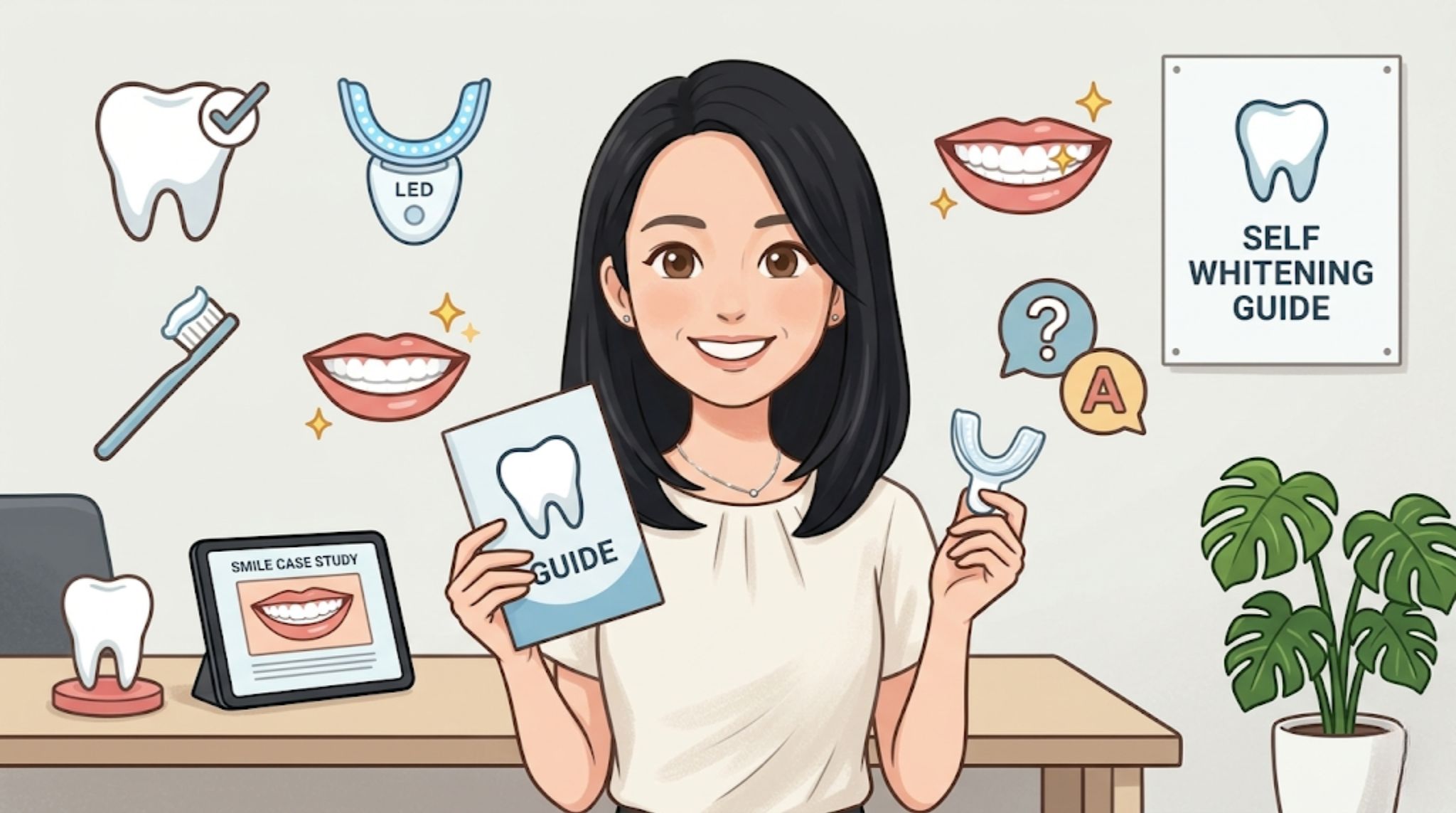 セルフホワイトニングガイドの運営者を紹介するイラスト。親しみやすい笑顔の女性がマウスピースとガイドを持ち、背景には歯やLEDライトのアイコンが並ぶ清潔なオフィスの様子。