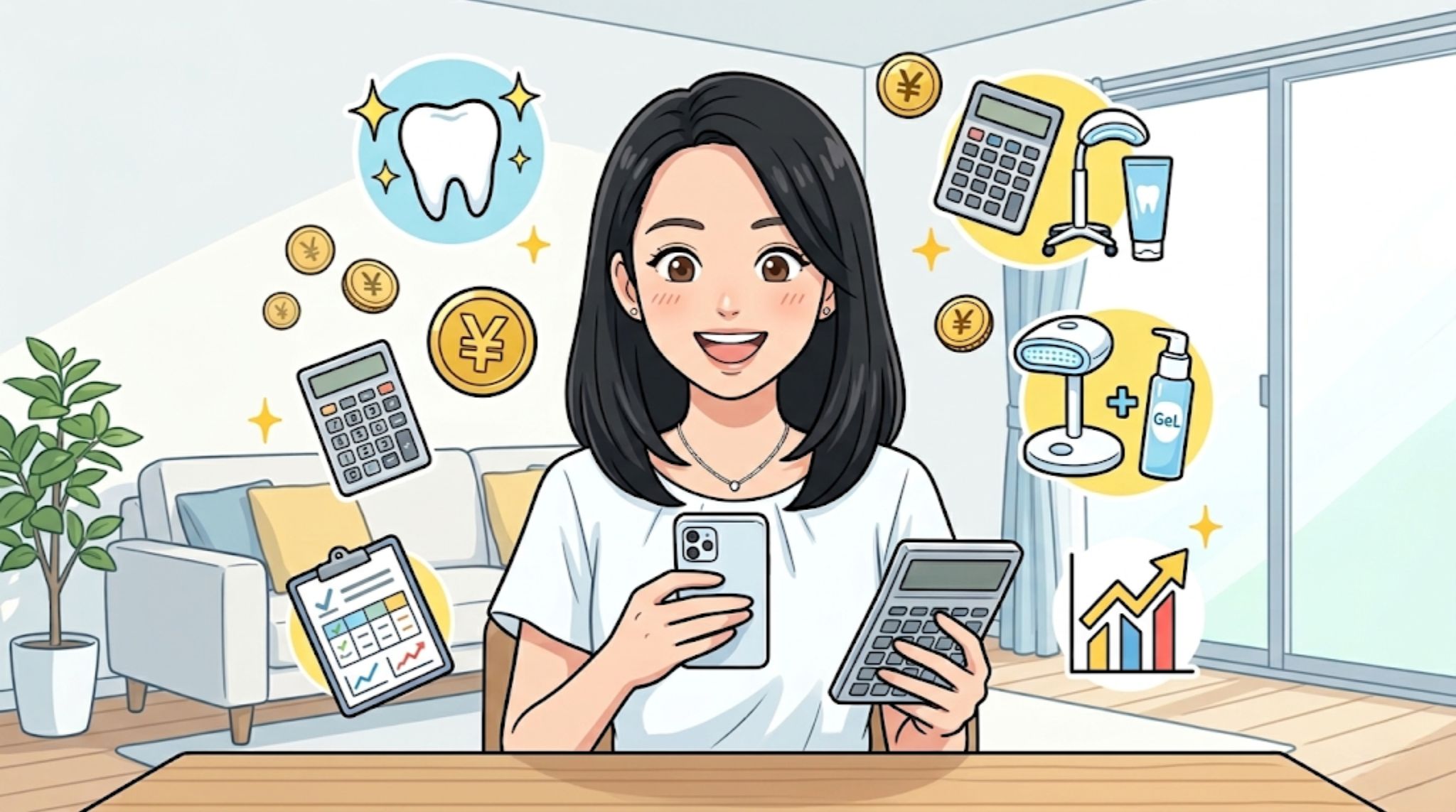 セルフホワイトニングの料金相場や安い値段をスマートフォンで調べて笑顔になる女性のイラスト