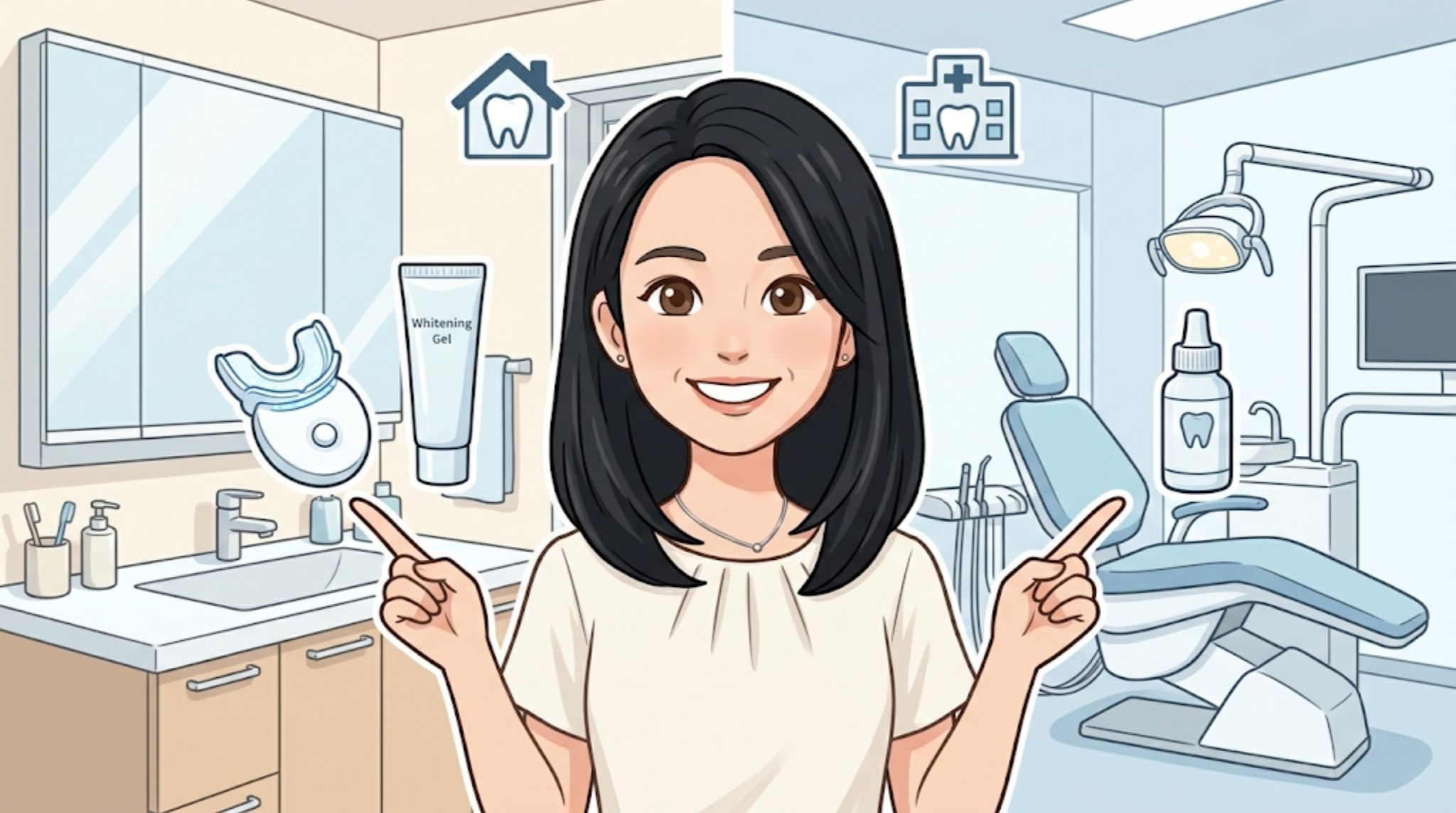 セルフホワイトニングと歯科医院のホワイトニングの違いを比較解説する記事のアイキャッチ。自宅でのケアとクリニックでの施術を指差して紹介する笑顔の女性のイラスト。