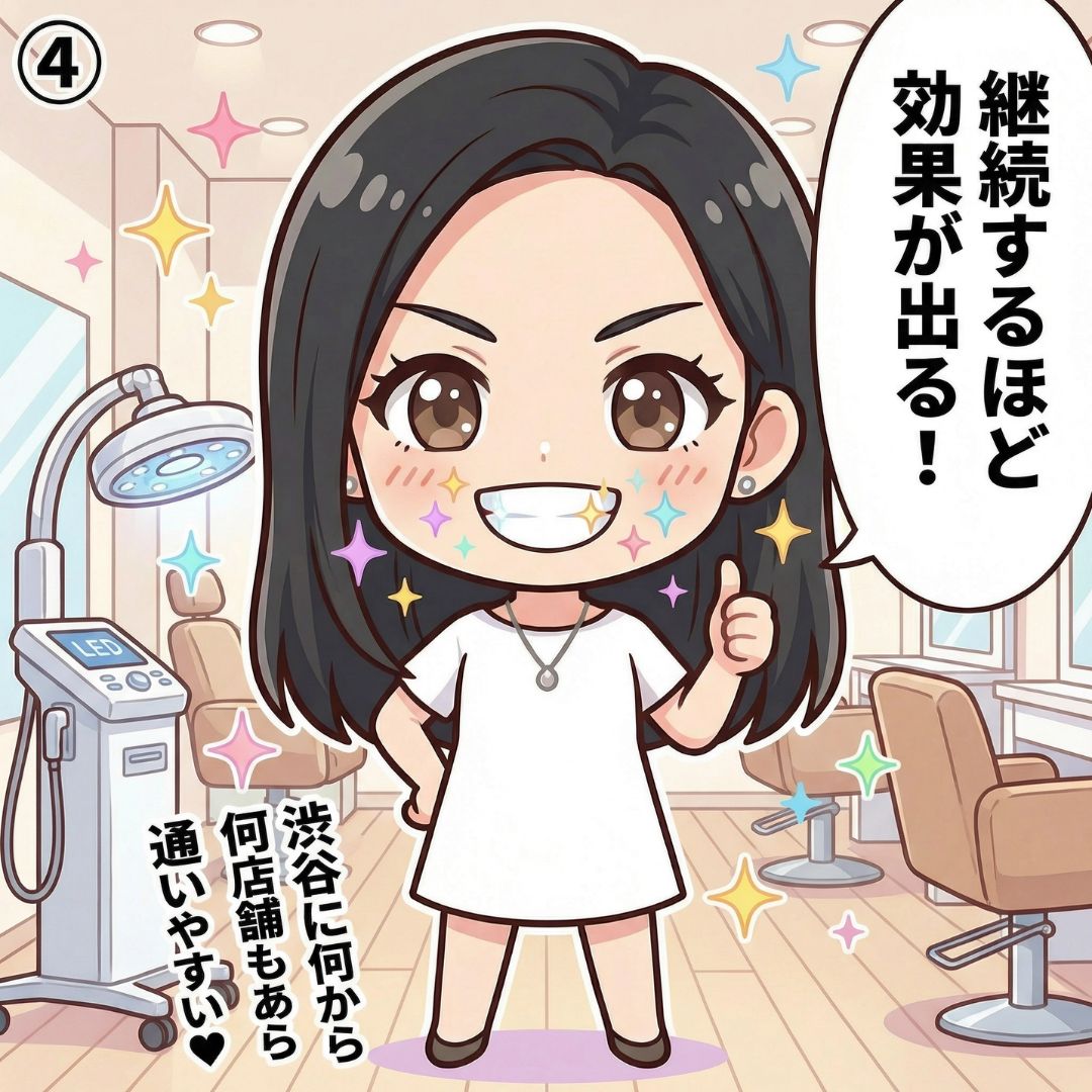 ホワイトニングサロンで施術後に白い歯でキラキラ笑顔を見せる女性の漫画イラスト