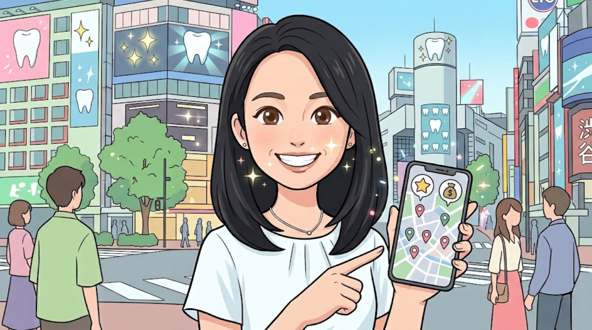 渋谷のセルフホワイトニングおすすめ比較記事のアイキャッチ。渋谷の街並みを背景に、地図アプリで安くて評判の良い店舗を指差して紹介する笑顔の女性のイラスト