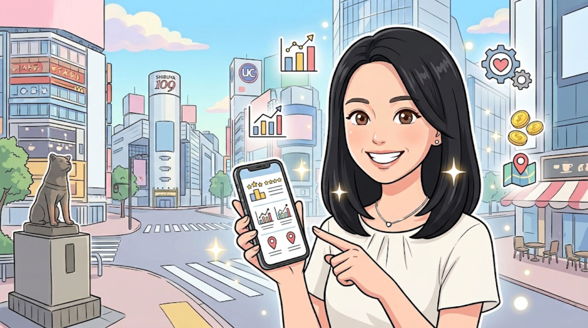 渋谷でおすすめのホワイトニングクリニックとサロンをスマートフォンで比較検討して笑顔を見せる女性のイラスト