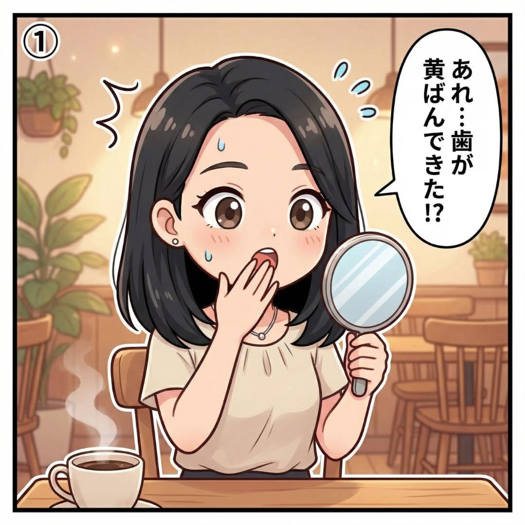 元歯科衛生士の山口さやかが渋谷のカフェでコーヒーを飲みながら歯の黄ばみに気づく漫画イラスト