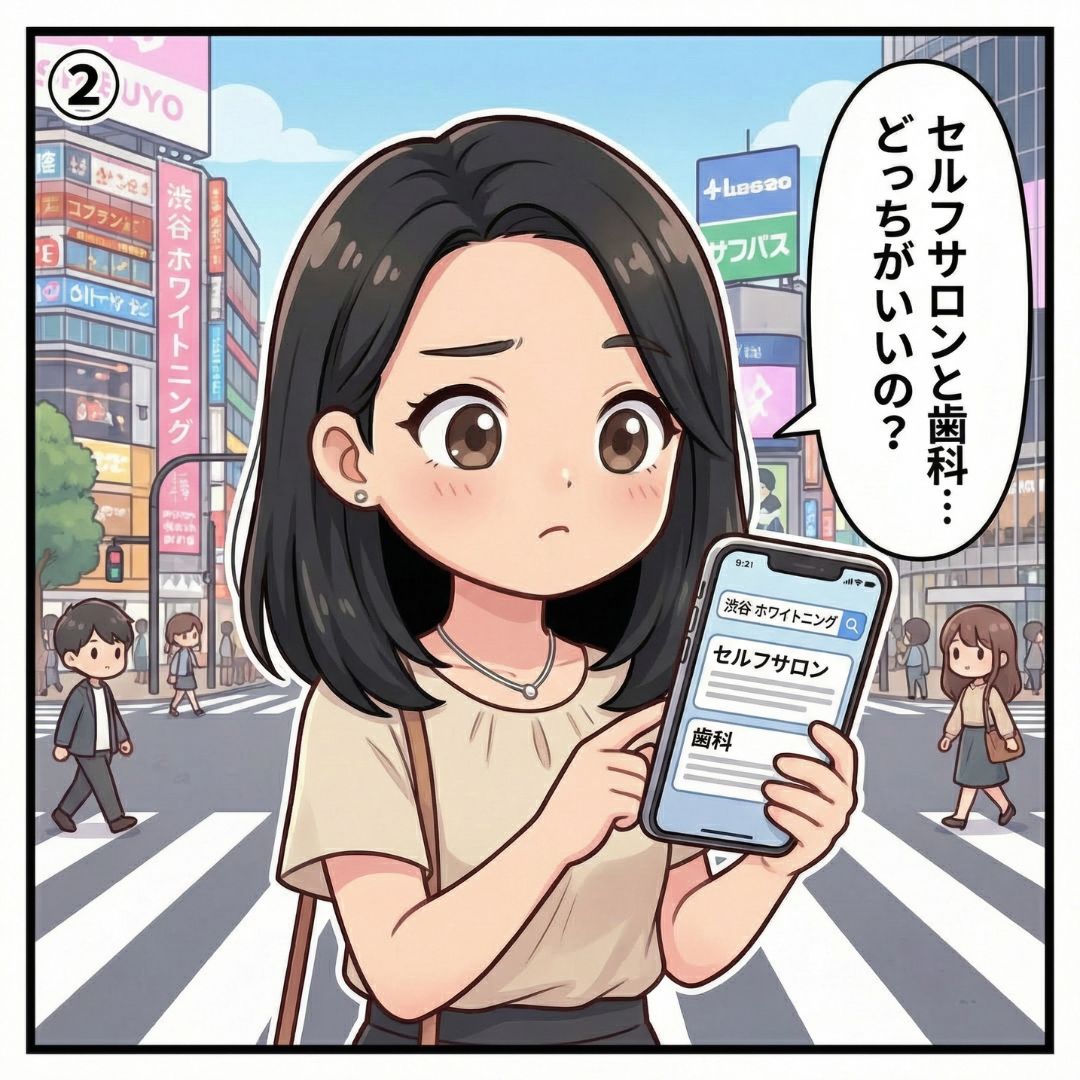 元歯科衛生士の山口さやかが渋谷の街でスマホを使いセルフホワイトニングと歯科を比較検索する漫画イラスト