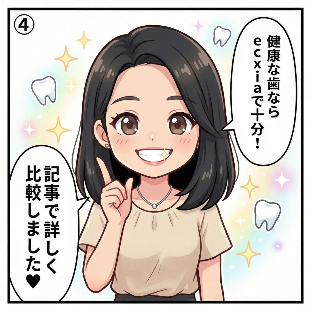 元歯科衛生士の山口さやかが白い歯で笑顔を見せながら渋谷のセルフホワイトニングと歯科の比較結果を読者に報告する漫画イラスト