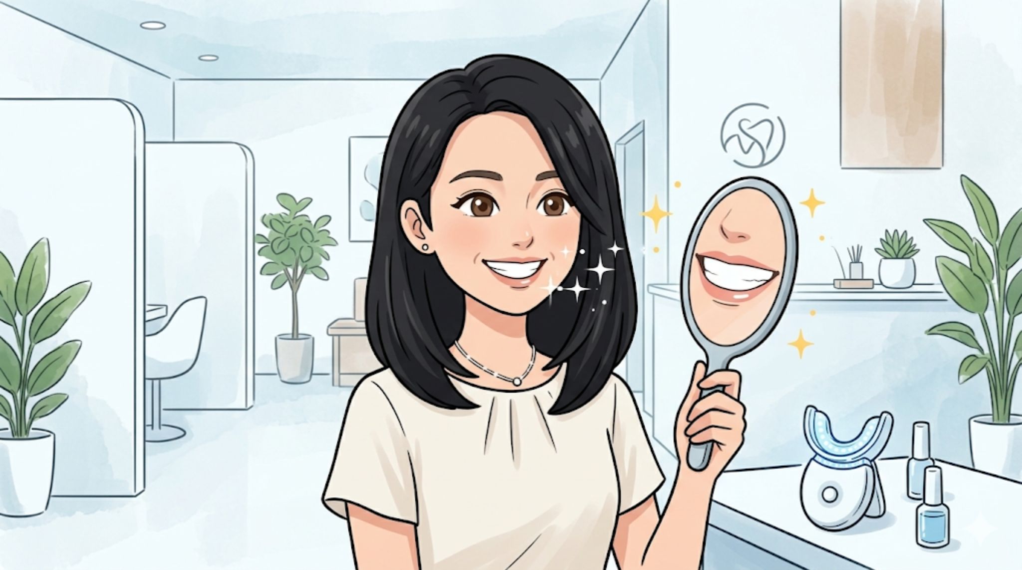 ホワイトニングバー（WhiteningBar）の口コミ・評判を検証した体験レビュー記事のアイキャッチ。鏡で白くなった自分の歯を見て、笑顔で満足している女性のイラスト。