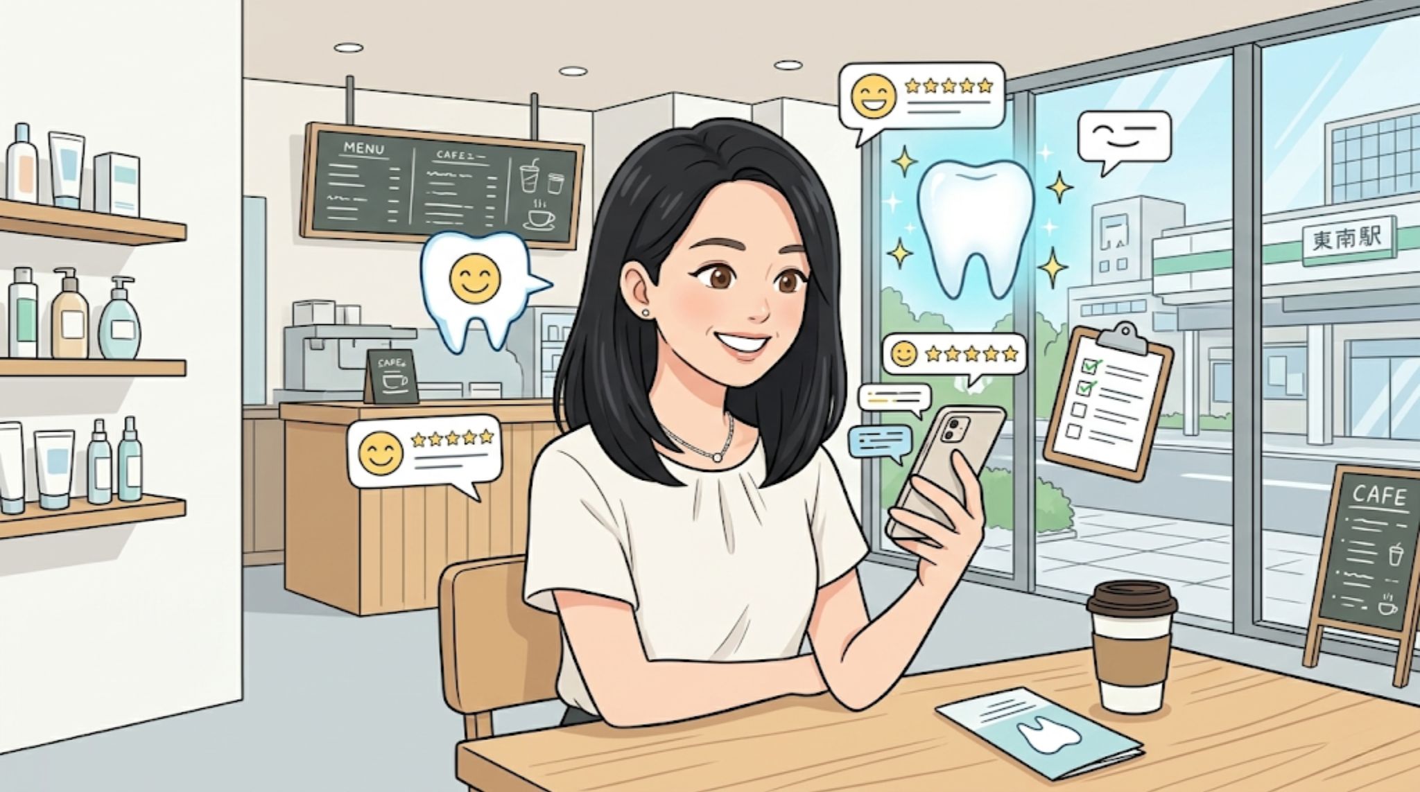 カフェでリラックスしながらスマートフォンでセルフホワイトニングサロン「ホワイトニングカフェ」の口コミや評判をチェックする女性のイラスト。周囲には星評価、歯の輝き、メニューのアイコンが浮かび、カフェの店内と現代日本の街並みが見える。